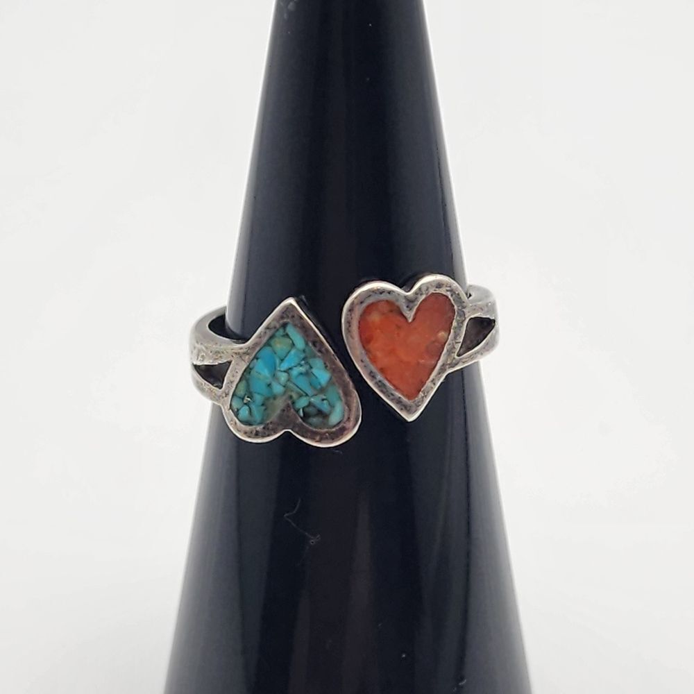 Sterling Silver Crushed Turquoise & Crushed Coral Heart Adjustable Bypass Ring